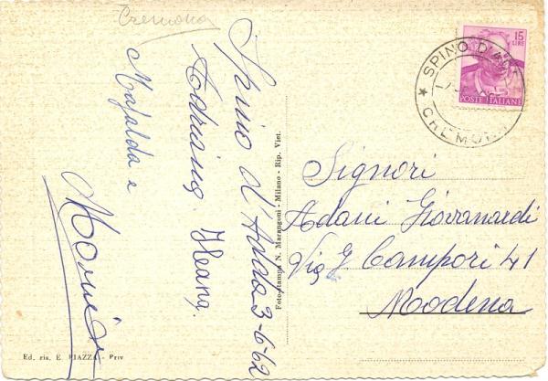 Retro della cartolina viaggiata nel 1960
