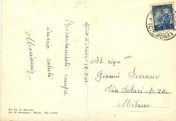 Retro della cartolina viaggiata nel 1949.